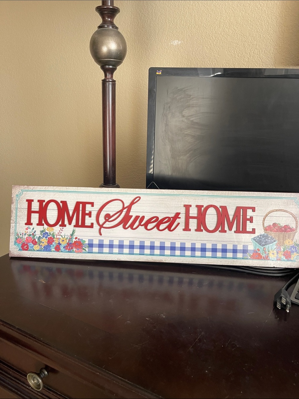 The Pioneer Woman Red 'Greet Home' Layered Wall Sign with Blue Check Trim